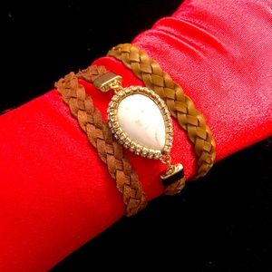 WHBM braided leather bracelet or necklace Boho vibes brown leather crystal stone